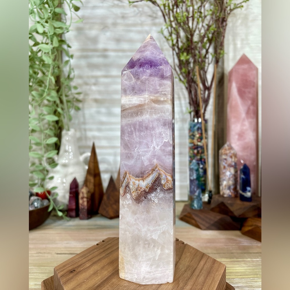 0964 Crazy Lace Agate with Purple Amethyst Crystal Tower - Large 7 Inches Tall